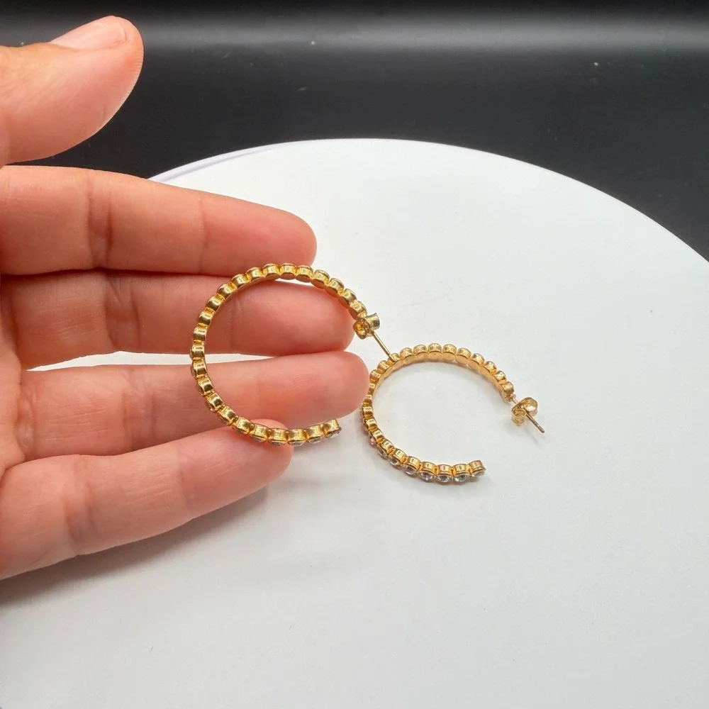 Gold Tone Rhinestone Hoop Earrings Clear Crystal Statement Glamour Gift for Her
